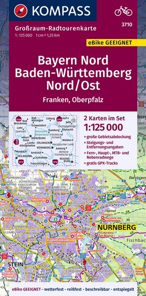 Produktbild: KOMPASS Gro&szlig;raum-Radtourenkarte 3710 Bayern Nord, Baden-W&uuml;rt