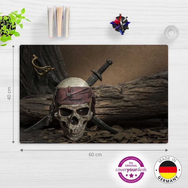 Produktbild: Cover-your-desk Schreibtischunterlage f&uuml;r Kinder Totenkopf mit Piratens&auml;bel - Jolly Roger, aus hochwertigem Vinyl , 60 x 40 cm