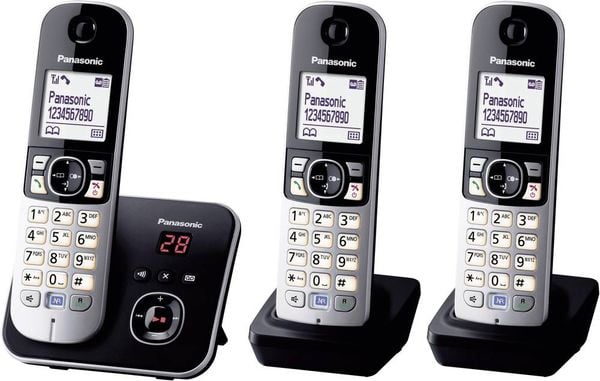 Panasonic KX-TG6823 Trio DECT, GAP Schnurloses Telefon analog Anrufbeantworter, Freisprechen Schwarz, Silber