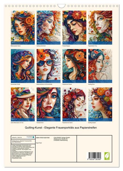 Produktbild: Quilling-Kunst - Elegante Frauenportr&auml;ts aus Papierstreifen (Wandkalender 2026 DIN A3 hoch), CALVENDO Monatskalender
