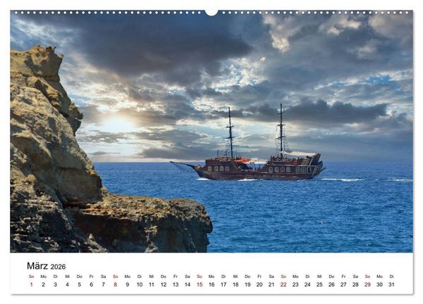 Produktbild: Farbenfrohe Boote in kristallklarem Wasser (hochwertiger Premium Wandkalender 2026 DIN A2 quer), Kunstdruck in Hochglanz
