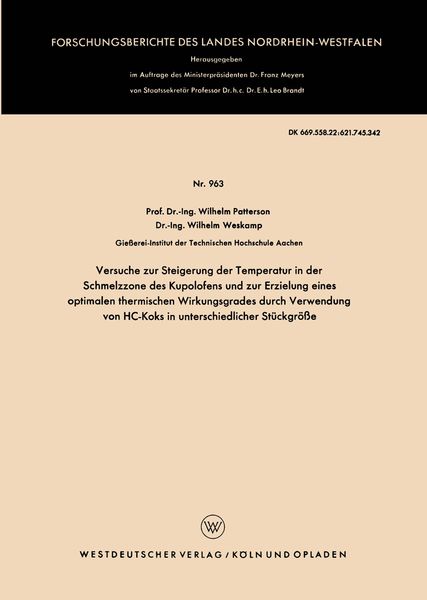 Produktbild: Versuche zur Steigerung der Temperatur in der Schmelzzone des Kupolofens und zur Erzielung eines optimalen thermischen Wirkungsgrades durch Verwendung