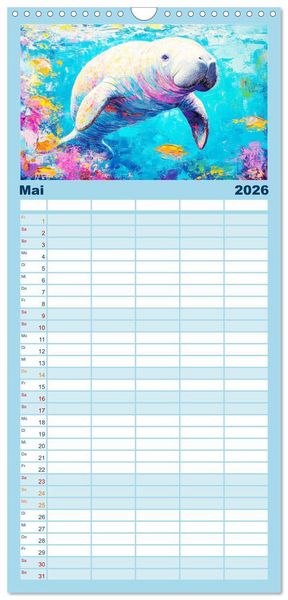 Produktbild: Familienplaner 2026 - Manatee Paintings. Rundschwanzseek&uuml;he im &Ouml;lgem&auml;lde-Stil mit 5 Spalten (Wandkalender, 21 x 45 cm) CALVENDO