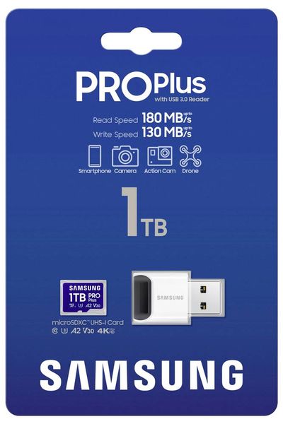 Produktbild: Samsung microSD Card PRO Plus (2023) miniSDXC-Karte Retail 1TB Class 10, UHS-Class 1, Class 3 UHS-I , v30 Video Speed Class, A2