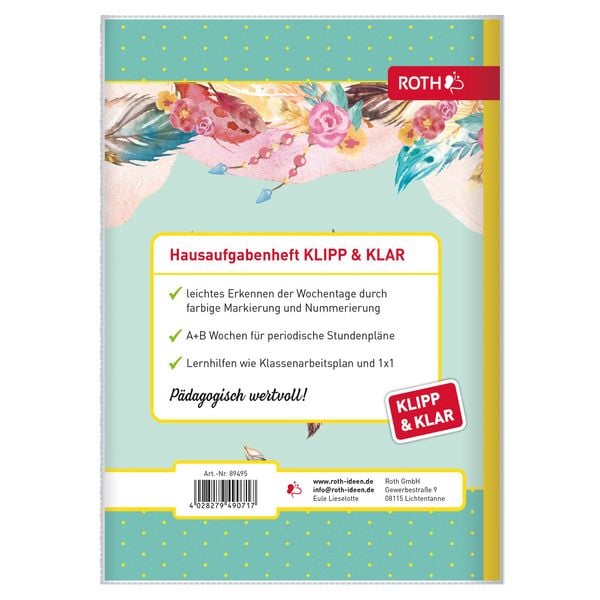 Produktbild: Klipp&Klar Grundschulaufgabenheft mit Tagesfarben A5 1 Wochen 2 Seiten Eule Lieselotte