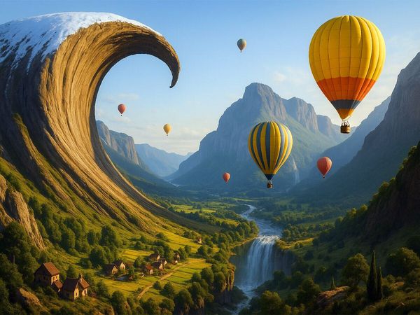 Produktbild: CALVENDO Puzzle Wellenwand im Fr&uuml;hling - Hei&szlig;luftballons &uuml;ber einer surrealen Landschaft | 1000 Teile Lege-Gr&ouml;&szlig;e 64x48cm Foto-Puzzle f&uuml;r gl&uuml;ckliche St