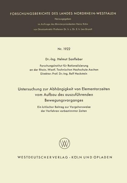 Produktbild: Untersuchung zur Abh&auml;ngigkeit von Elementarzeiten vom Aufbau des auszuf&uuml;hrenden Bewegungsvorganges