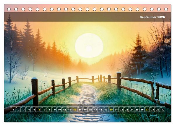 Produktbild: Verschneite Landschaft unter einer fahlen Wintersonne (Tischkalender 2026 DIN A5 quer), CALVENDO Monatskalender