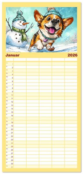 Produktbild: Familienplaner 2026 - Lustige Corgis. Niedliche Cartoons von gl&uuml;cklichen Hunden mit 5 Spalten (Wandkalender, 21 x 45 cm) CALVENDO