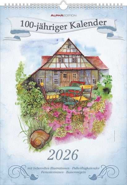 Produktbild: 100-jähriger Kalender 2026 - Bildkalender A3 (29,7x42 cm) - mit Feiertagen (DE/AT/CH) und Platz für Notizen - inkl. Bauernregeln - Wandkalender