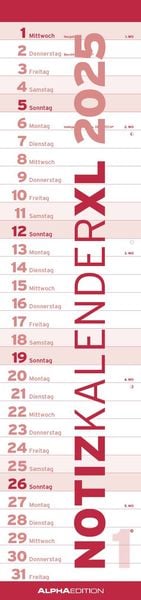 Notizkalender XL Rot 2025 - Streifenkalender 15x64 cm - Wandplaner - Küchenkalender - schmales Design - eine Spalte - La