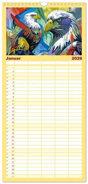Produktbild: Familienplaner 2026 - Farbenfrohe Tierbilder mit 5 Spalten (Wandkalender, 21 x 45 cm) CALVENDO