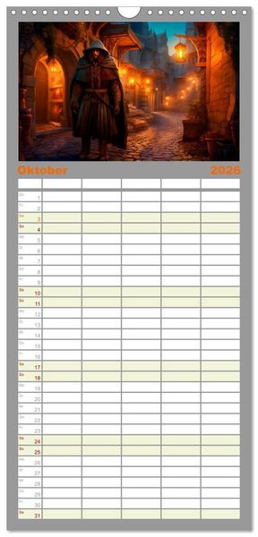 Produktbild: Familienplaner 2026 - Drachent&auml;nzer - Bildgeschichten aus dem Mittelalter mit 5 Spalten (Wandkalender, 21 x 45 cm) CALVENDO