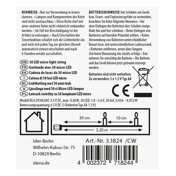 Produktbild: Idena Lichterkette 30 LED warmwei&szlig; 6h Timer 3,2m