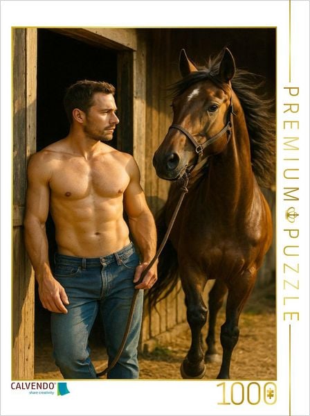 CALVENDO Puzzle Hengstbändiger - Attraktiver Mann mit Pferd | 1000 Teile Lege-Größe 64x48cm Foto-Puzzle für glückliche Stunden