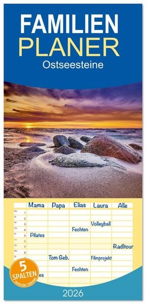 Produktbild: Familienplaner 2026 - Ostseesteine mit 5 Spalten (Wandkalender, 21 x 45 cm) CALVENDO