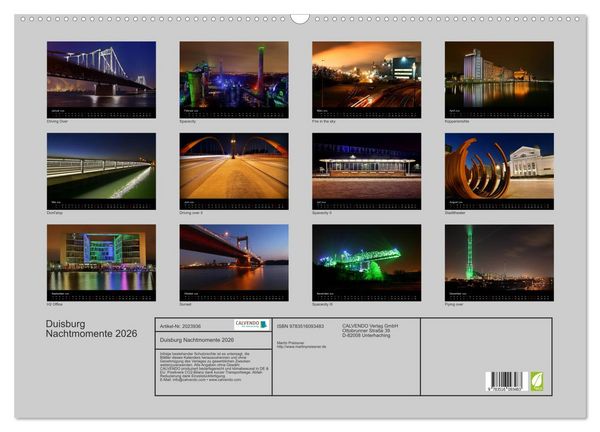 Produktbild: Duisburg Nachtmomente 2026 (Wandkalender 2026 DIN A2 quer), CALVENDO Monatskalender