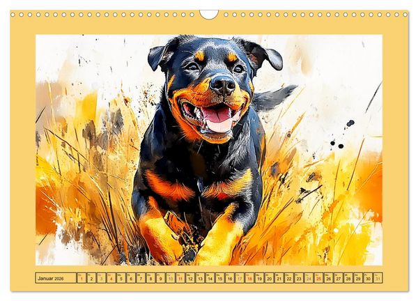 Produktbild: Kraftvolle Rottweiler. Stattliche Begleithunde im Aquarell-Stil (Wandkalender 2026 DIN A3 quer), CALVENDO Monatskalender