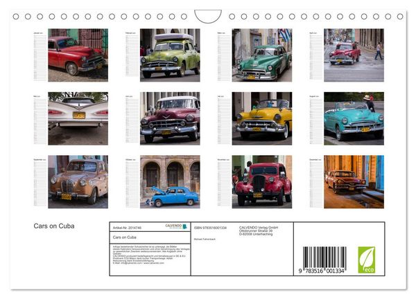 Produktbild: Cars on Cuba (Wandkalender 2026 DIN A4 quer), CALVENDO Monatskalender