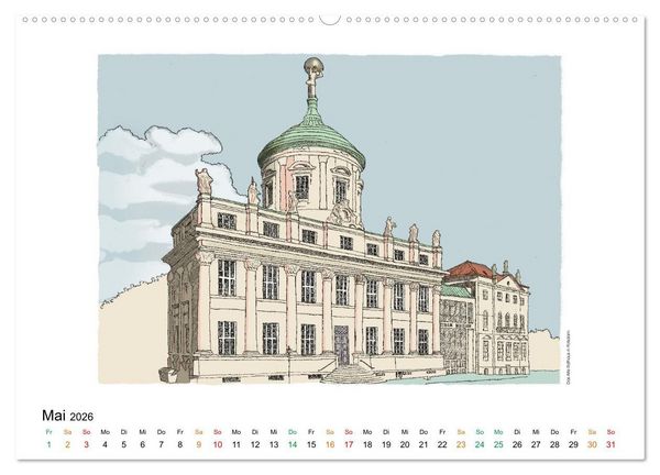 Produktbild: Potsdamer Sehensw&uuml;rdigkeiten in Ink und Farbe (hochwertiger Premium Wandkalender 2026 DIN A2 quer), Kunstdruck in Hochglanz