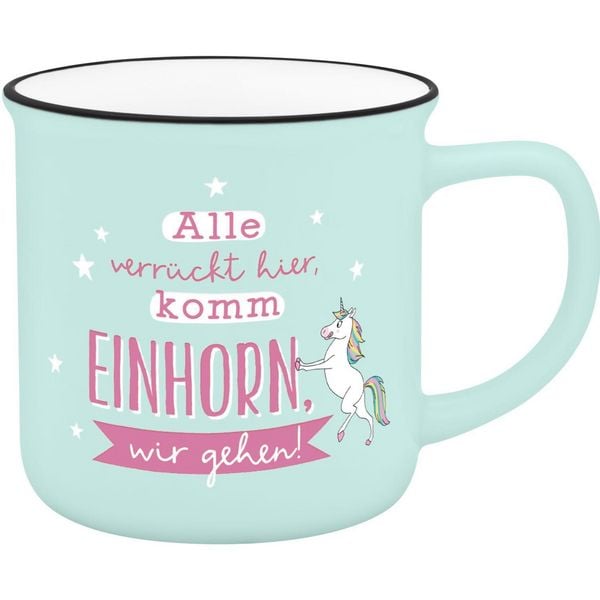 Produktbild: Becher in Emailloptik " Alle verr&uuml;ckt hier, komm Einhorn wir gehen.