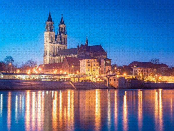 Produktbild: CALVENDO Puzzle Magdeburg am Abend | 1000 Teile Lege-Gr&ouml;&szlig;e 64x48cm Foto-Puzzle f&uuml;r gl&uuml;ckliche Stunden