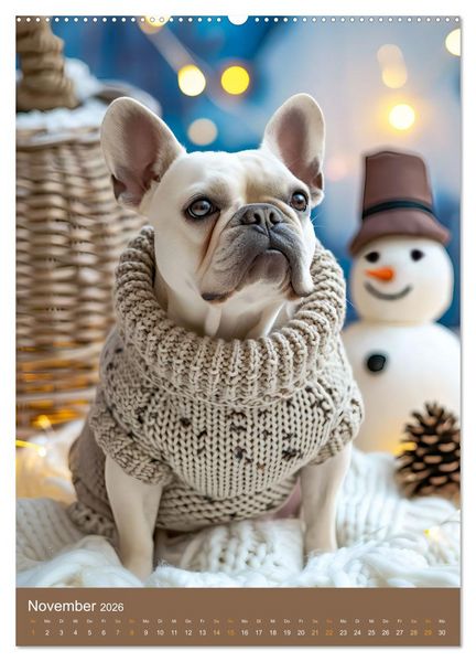 Produktbild: Frenchie Couture - Franz&ouml;sische Bulldoggen in Strick-Chic (hochwertiger Premium Wandkalender 2026 DIN A2 hoch), Kunstdruck in Hochglanz