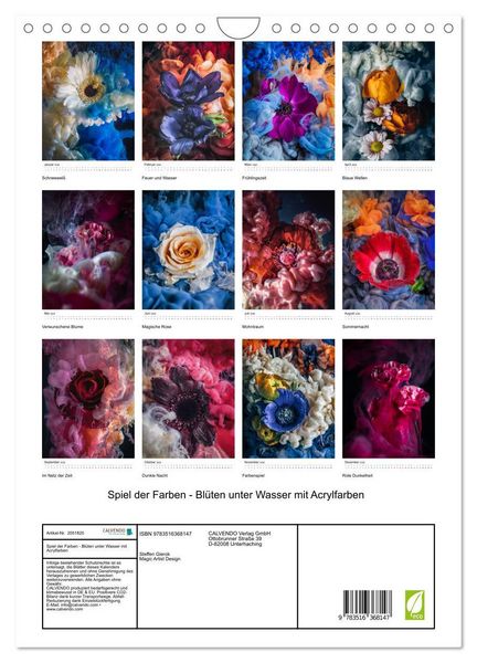 Produktbild: Spiel der Farben - Bl&uuml;ten unter Wasser mit Acrylfarben (Wandkalender 2026 DIN A4 hoch), CALVENDO Monatskalender