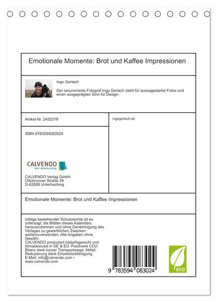 Produktbild: Emotionale Momente: Brot und Kaffee Impressionen (Tischkalender 2027 DIN A5 hoch), CALVENDO Monatskalender