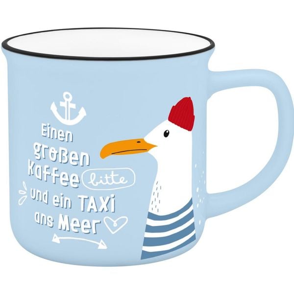 Produktbild: Becher in Emmailoptik "Einen gro&szlig;en Kaffee bitte und ein Taxi zum Meer"