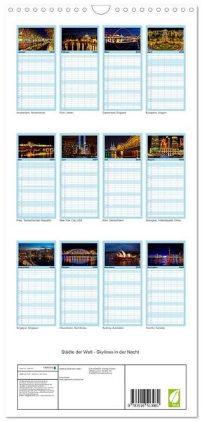Produktbild: Familienplaner 2026 - St&auml;dte der Welt - Skylines in der Nacht mit 5 Spalten (Wandkalender, 21 x 45 cm) CALVENDO