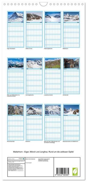 Produktbild: Familienplaner 2026 - Matterhorn - Eiger, M&ouml;nch und Jungfrau: Rund um die zeitlosen Gipfel mit 5 Spalten (Wandkalender, 21 x 45 cm) CALVENDO