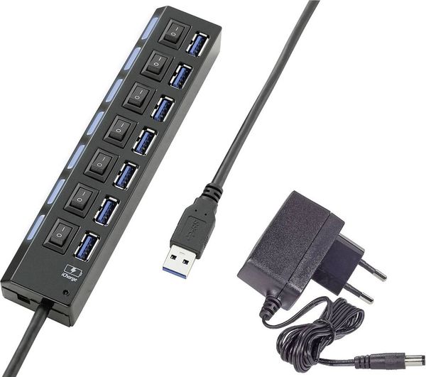 Renkforce RF-4821051 USB-Hub 7 Port USB-A USB 3.0 5 GBit/s einzeln schaltbar, mit Status-LEDs, mit iPad-Ladeport Schwarz