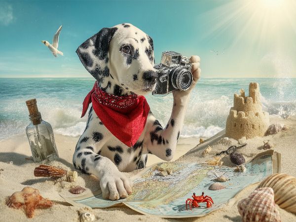 Produktbild: CALVENDO Puzzle Dalmatiner Hund auf Schatzsuche am Strand mit Karte und Kamera | 1000 Teile Lege-Gr&ouml;&szlig;e 64x48cm Foto-Puzzle f&uuml;r gl&uuml;ckliche Stunden