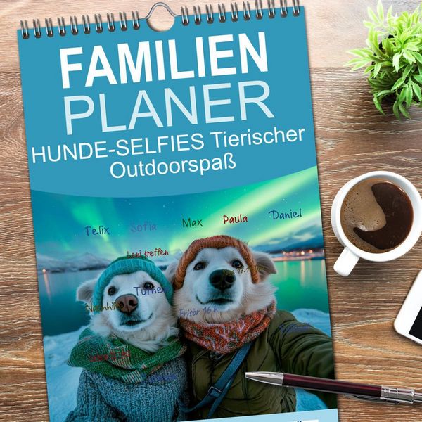 Produktbild: Familienplaner 2026 - HUNDE-SELFIES Tierischer Outdoorspa&szlig; mit 5 Spalten (Wandkalender, 21 x 45 cm) CALVENDO