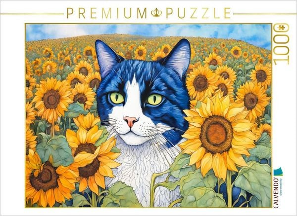 CALVENDO Puzzle Katze im Sonnenblumenfeld | 1000 Teile Lege-Größe 64x48cm Foto-Puzzle für glückliche Stunden