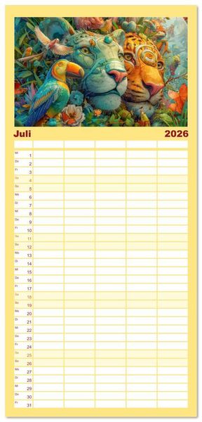 Produktbild: Familienplaner 2026 - Dschungelzauber - Kunstvolle Werke mit 5 Spalten (Wandkalender, 21 x 45 cm) CALVENDO