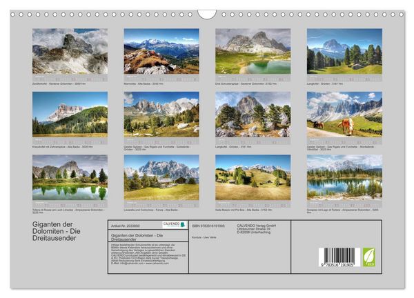 Produktbild: Giganten der Dolomiten - Die Dreitausender (Wandkalender 2026 DIN A3 quer), CALVENDO Monatskalender