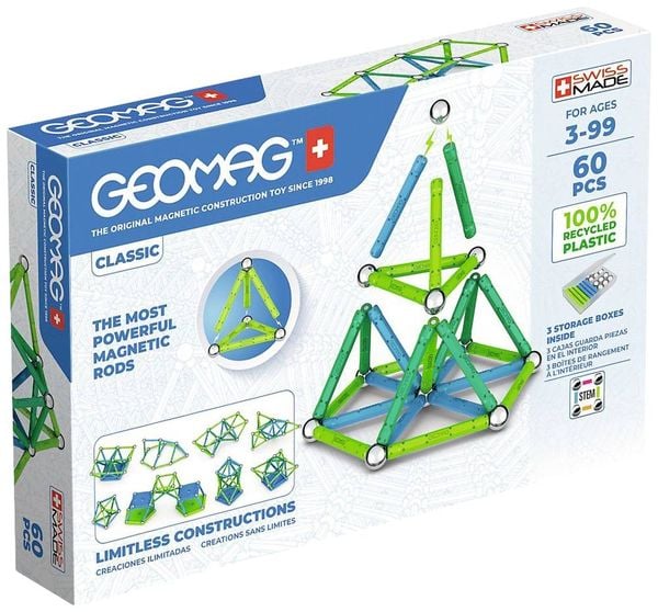 Invento 507035 - Geomag Classic Green Line Recycled 60 pcs, Magnetischer Baukasten, Magnetspielzeuge