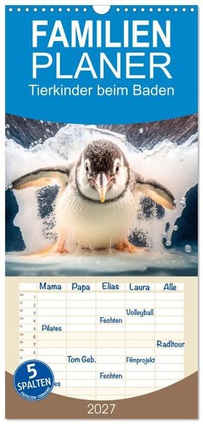 Produktbild: Familienplaner 2027 - Tierkinder beim Baden mit 5 Spalten (Wandkalender, 21 x 45 cm) CALVENDO