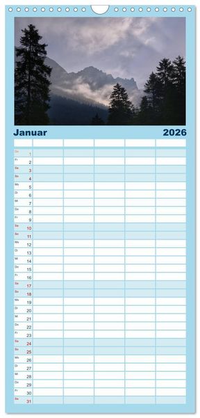 Produktbild: Familienplaner 2026 - Zauber der Berge mit 5 Spalten (Wandkalender, 21 x 45 cm) CALVENDO