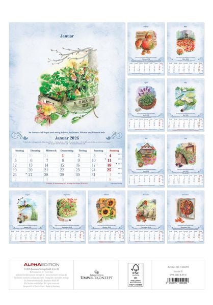 Produktbild: 100-jähriger Kalender 2026 - Bildkalender 23,7x34 cm - mit Wetterprognosen, Bauernregeln und liebevollen Illustrationen - Wandkalender - Alpha Edition