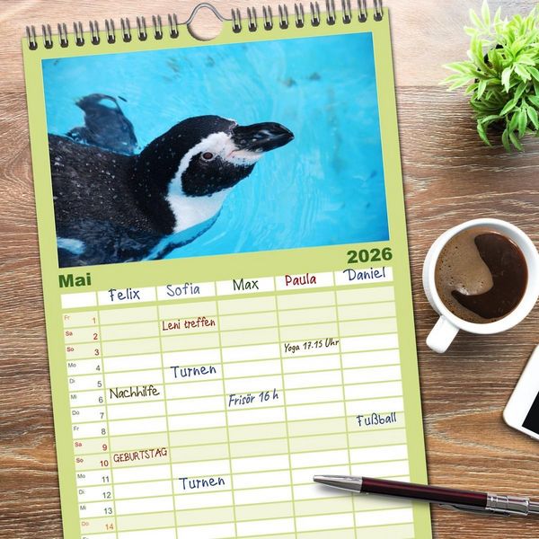 Produktbild: Familienplaner 2026 - Pinguine 2026 mit 5 Spalten (Wandkalender, 21 x 45 cm) CALVENDO