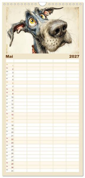 Produktbild: Familienplaner 2027 - Karikatur trifft Hund. Ein Blick auf charmante Vierbeiner mit 5 Spalten (Wandkalender, 21 x 45 cm) CALVENDO