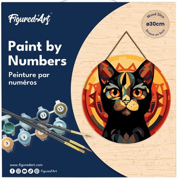 Produktbild: FiguredArt RFA032 - Malen nach Zahlen, Art-Deco-Schwarze Katze, Holzscheibe (30cm), Malset, Paint by Numbers