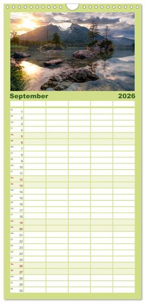 Produktbild: Familienplaner 2026 - Verzauberte Bergwelten mit 5 Spalten (Wandkalender, 21 x 45 cm) CALVENDO