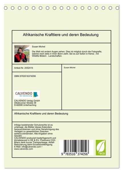 Produktbild: Afrikanische Krafttiere und deren Bedeutung (Tischkalender 2026 DIN A5 hoch), CALVENDO Monatskalender
