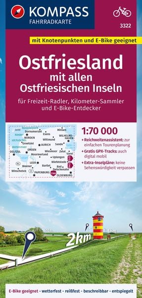 KOMPASS Fahrradkarte 3322 Ostfriesland mit allen Ostfriesischen Inseln mit Knotenpunkten 1:70.000
