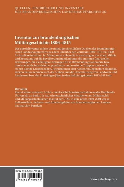 Produktbild: Inventar zur brandenburgischen Militaergeschichte 1806&ndash;1815