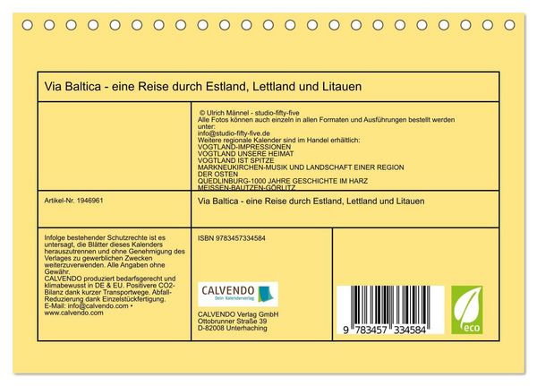 Produktbild: Via Baltica - eine Reise durch Estland, Lettland und Litauen (Tischkalender 2026 DIN A5 quer), CALVENDO Monatskalender
